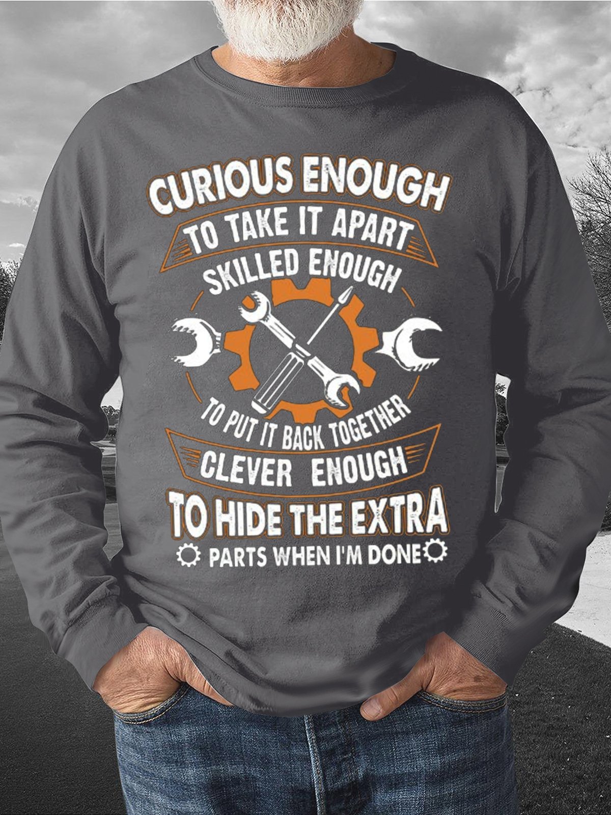 Men's Curious Enough To Take It Apart Skilled Enough To Put It Back Together Funny Graphic Print Loose Crew Neck Casual Sweatshirt