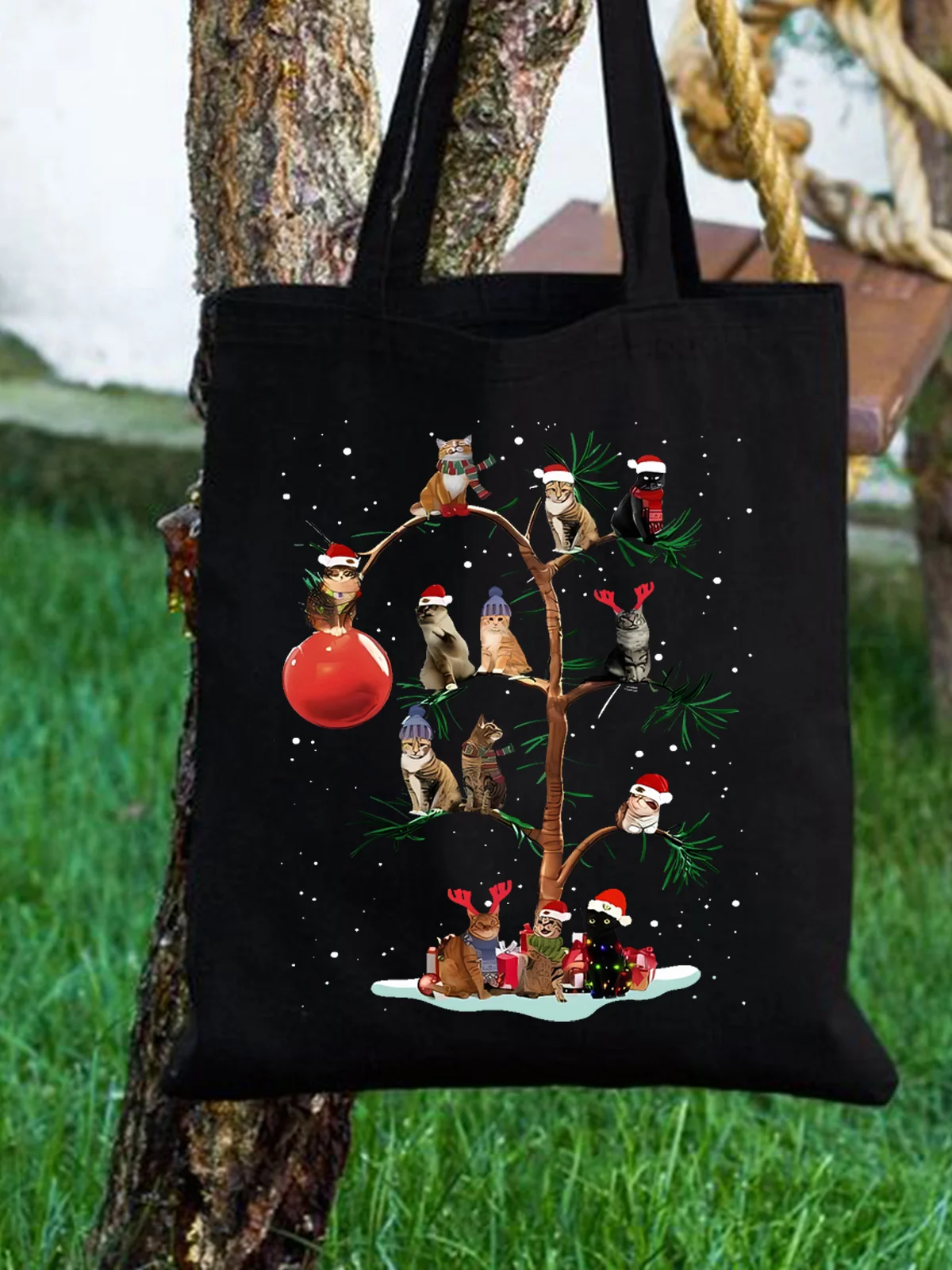 Christmas Trees And Cats Festival Graphic Casual Shopping Tote Bag