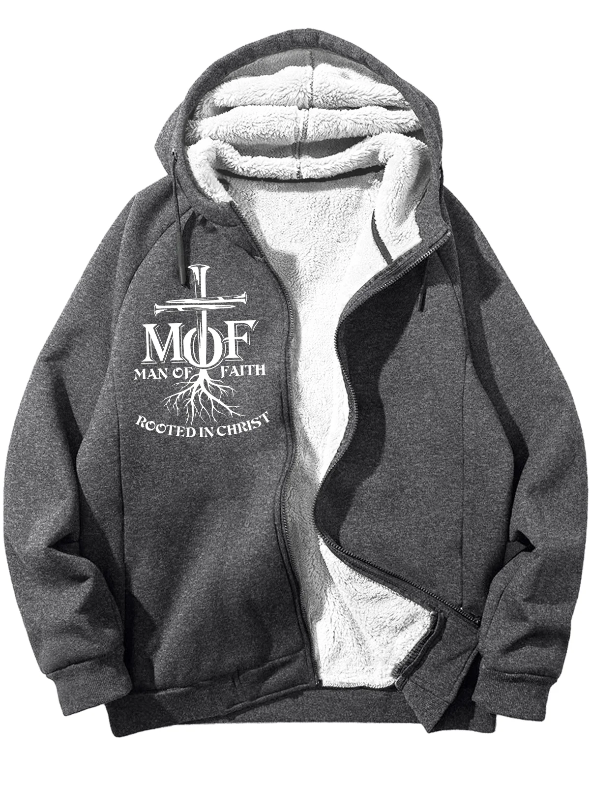 Men's Mof Man Of Faith Rooted In Christ Text Letters Graphic Print Hoodie Zip Up Sweatshirt Warm Jacket With Fifties Fleece