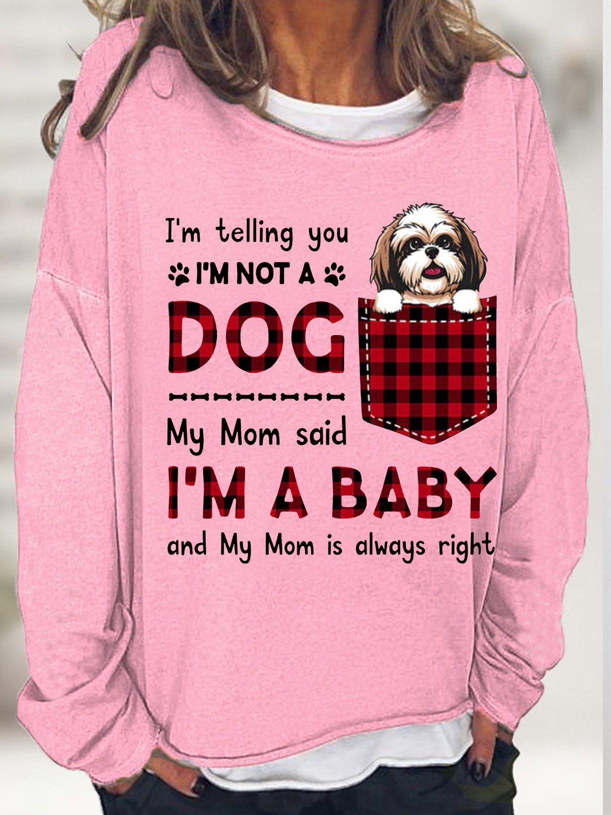 Women's Lover I'm A Baby Best Dog Mom Plaid Loose Sweatshirt