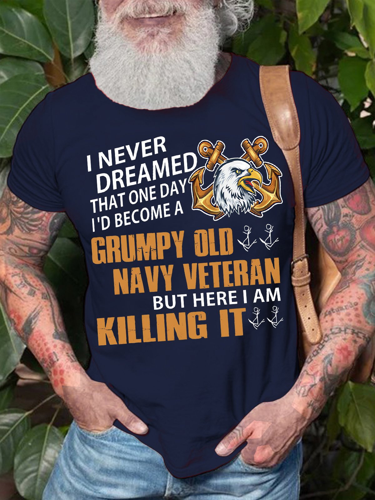 Men's I Never Dreamed That One Day I'd Become A   Grumpy Old Navy Veteran Funny Graphic Print Casual Crew Neck Text Letters Cotton T-Shirt