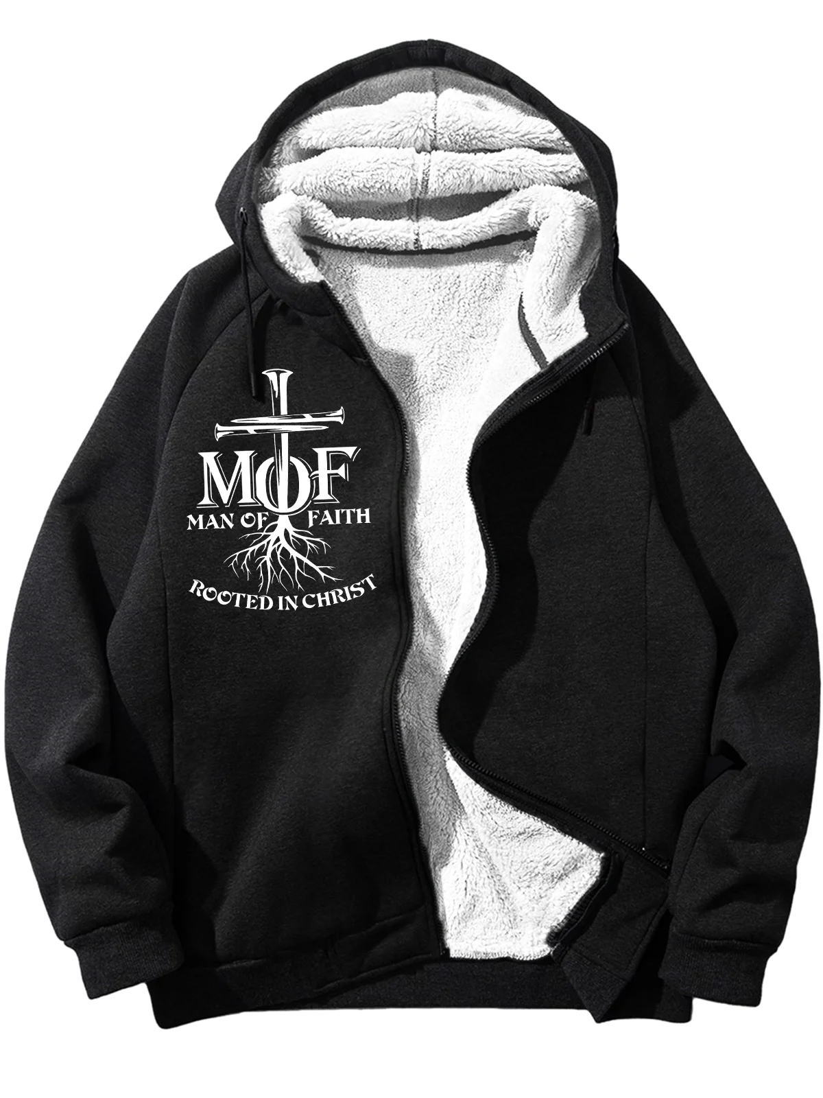 Men's Mof Man Of Faith Rooted In Christ Text Letters Graphic Print Hoodie Zip Up Sweatshirt Warm Jacket With Fifties Fleece