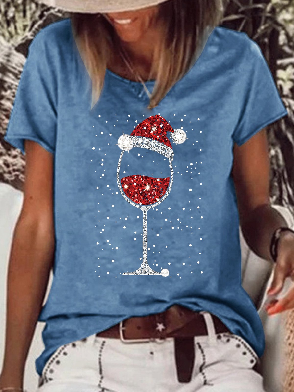 Women's Christmas Wine Glasses Light Bling Print Casual T-shirt