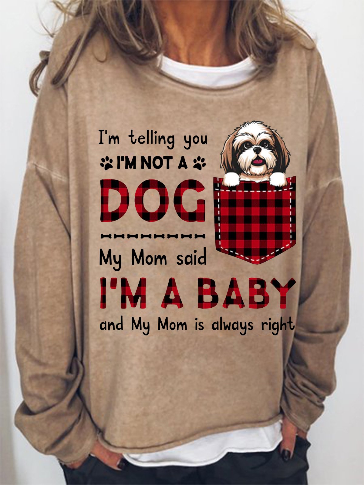 Women's Lover I'm A Baby Best Dog Mom Plaid Loose Sweatshirt