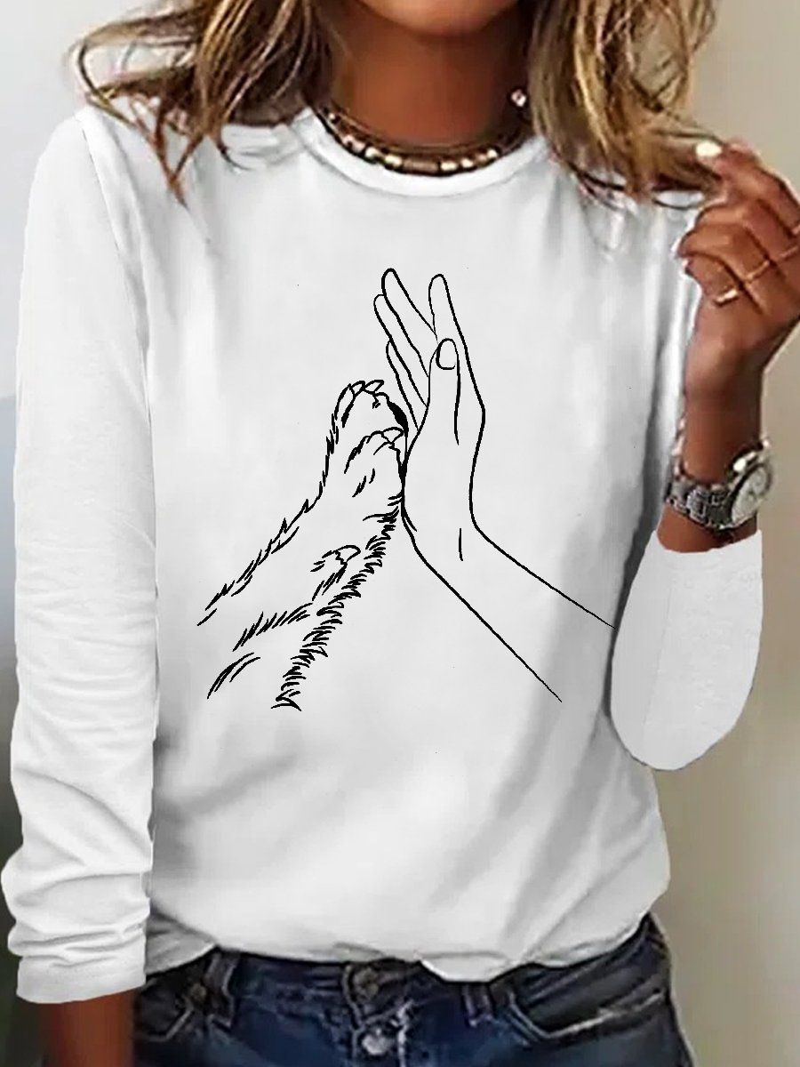 Women's Lover Dog Hand Simple Crew Neck Cotton-Blend Regular Fit Long Sleeve Top