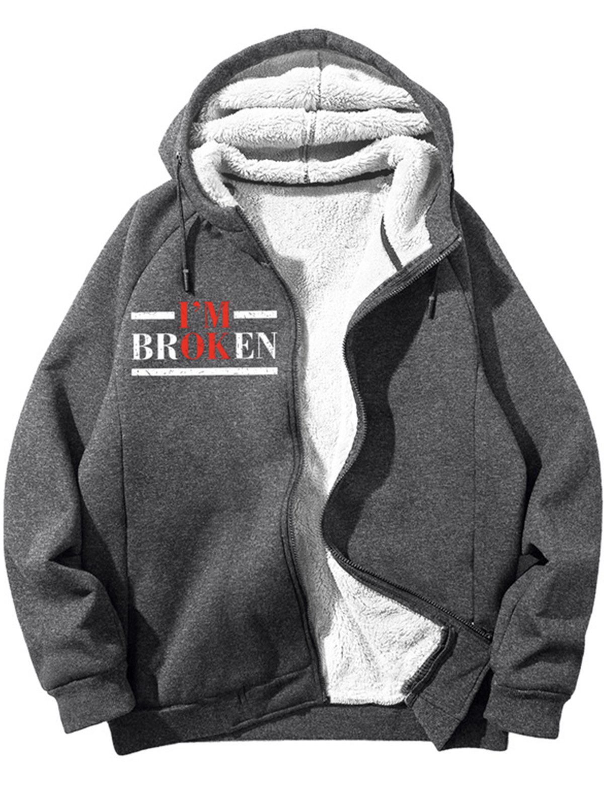 Men's I Am Broken Funny Text Letters Graphic Print Hoodie Zip Up Sweatshirt Warm Jacket With Fifties Fleece