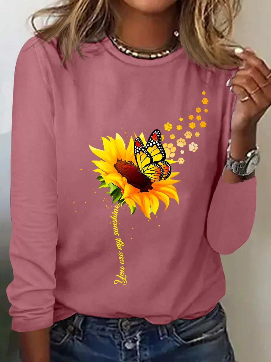 Women's Butterfly Paw Print Blooms Sunflower You Are My Sunshine Cotton-Blend Simple Long Sleeve Top