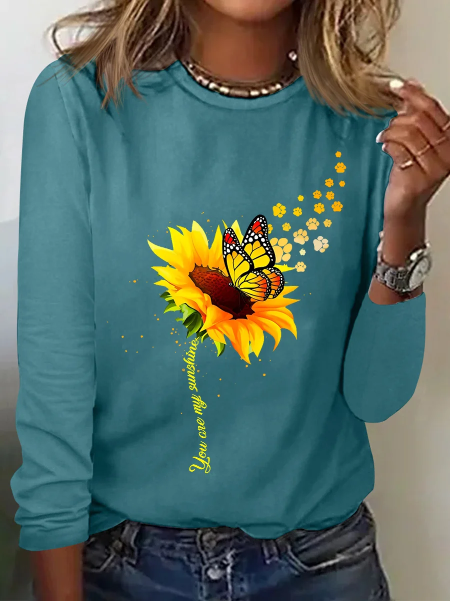 Women's Butterfly Paw Print Blooms Sunflower You Are My Sunshine Cotton-Blend Simple Long Sleeve Top