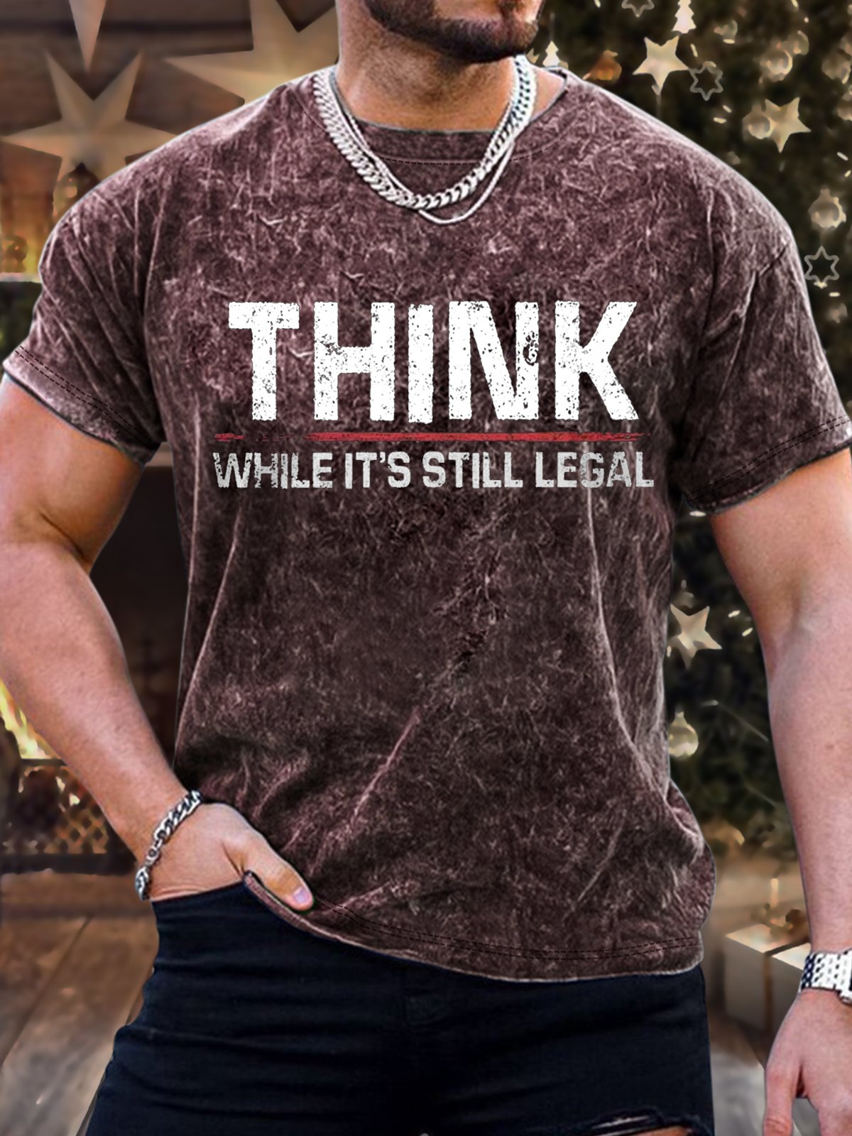 Men's Think While It Is Still Legal Funny Bleach Print Casual Text Letters Crew Neck Loose T-Shirt