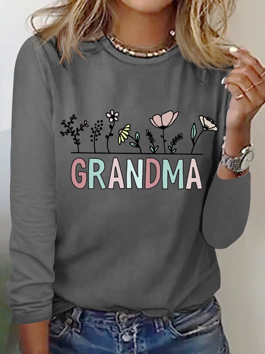 Women's Grandma Simple Floral Regular Fit Long Sleeve Top