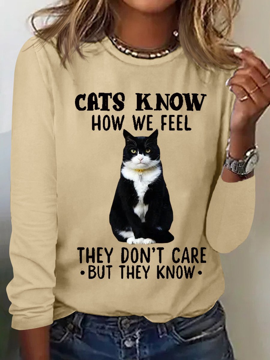 Women's Funny Cat Simple Crew Neck Cotton-Blend Top