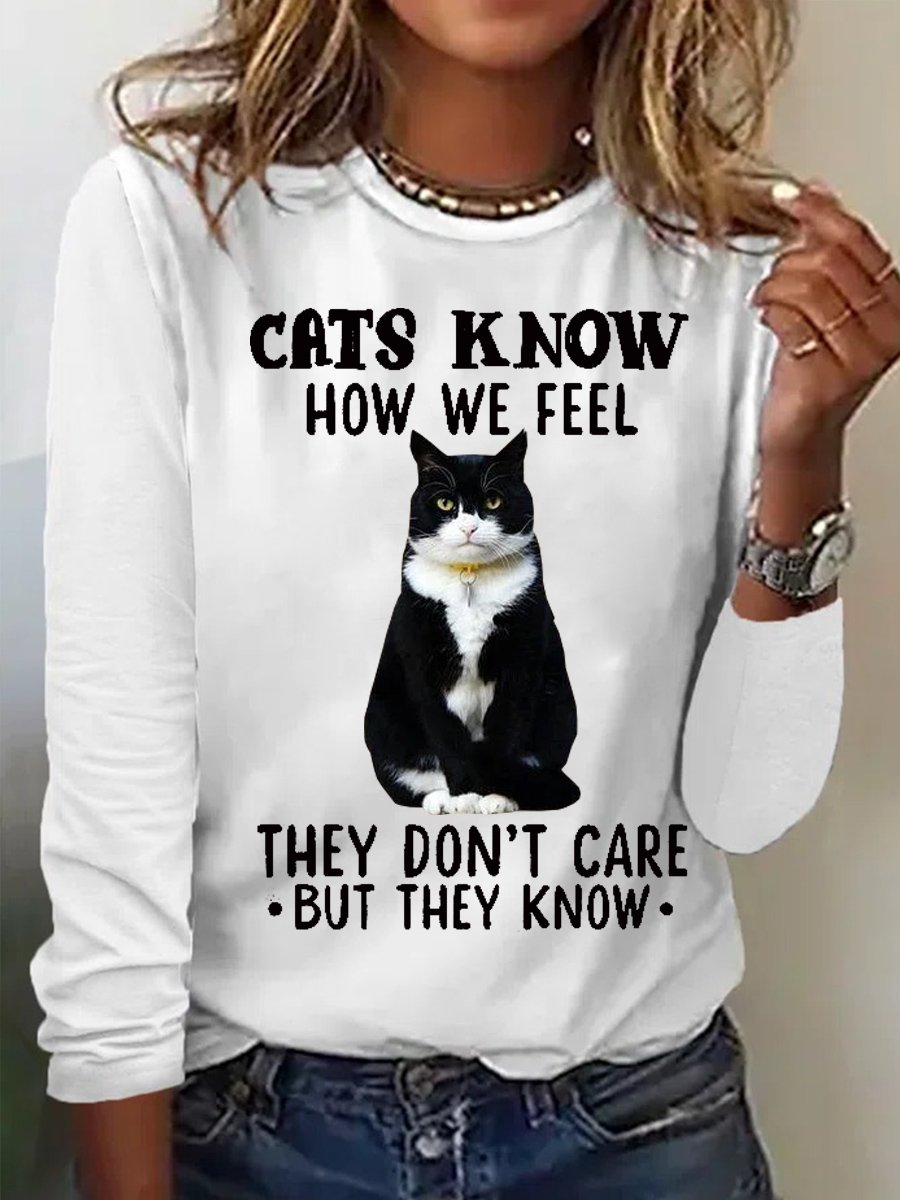 Women's Funny Cat Simple Crew Neck Cotton-Blend Top