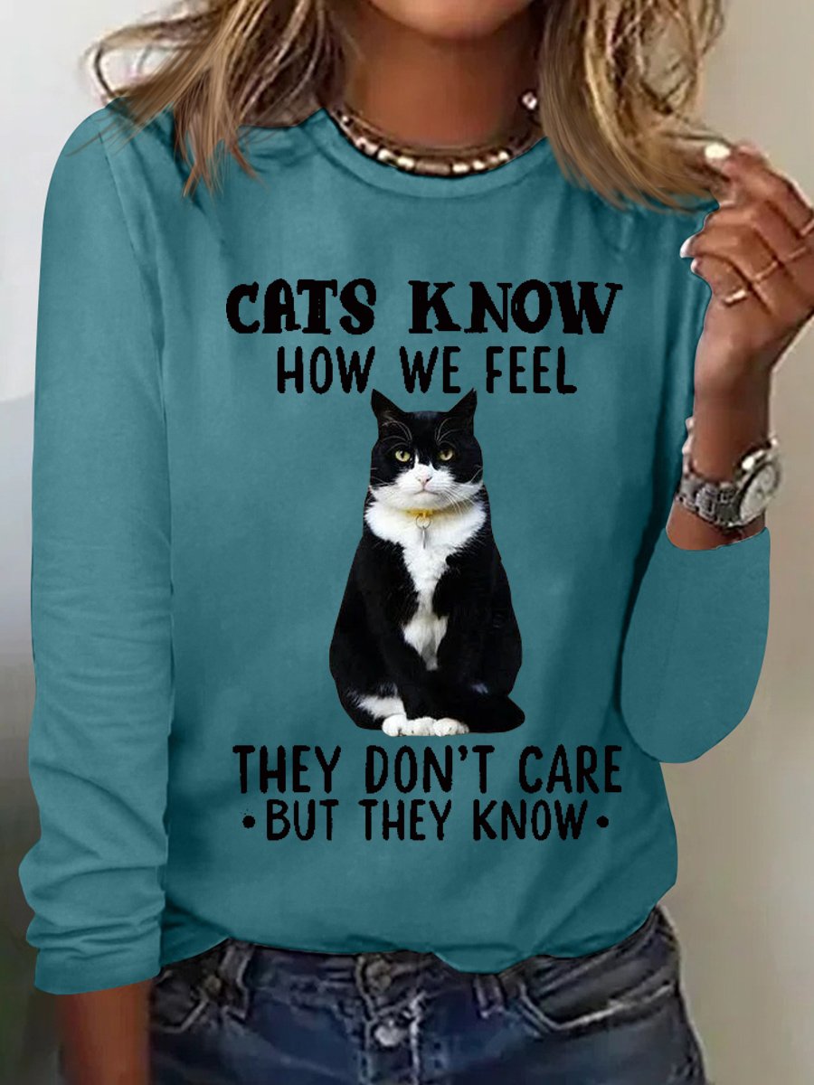 Women's Funny Cat Simple Crew Neck Cotton-Blend Top