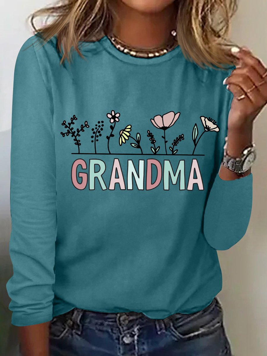 Women's Grandma Simple Floral Regular Fit Long Sleeve Top