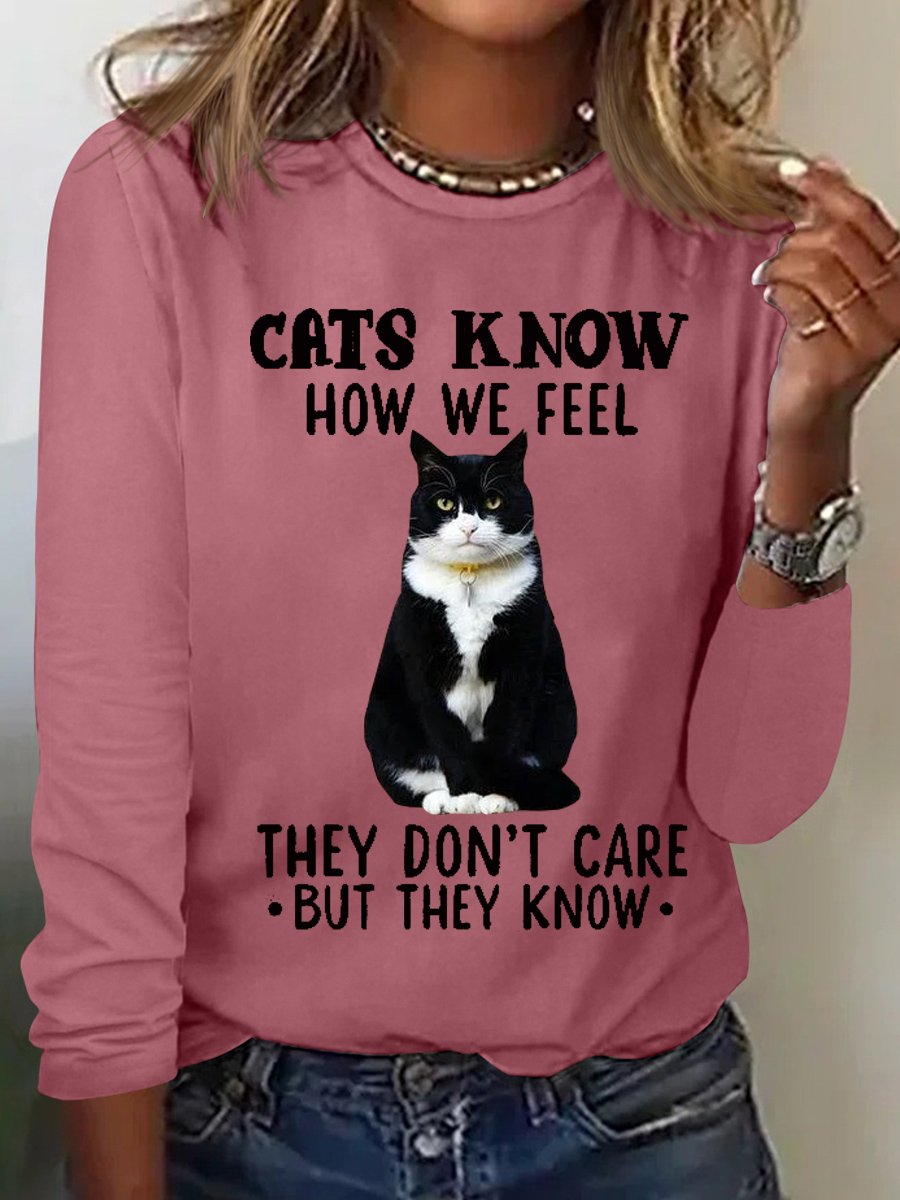 Women's Funny Cat Simple Crew Neck Cotton-Blend Top