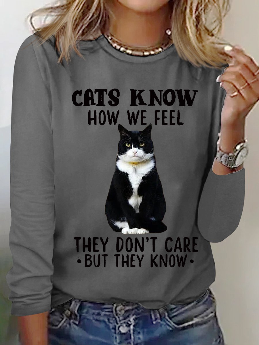 Women's Funny Cat Simple Crew Neck Cotton-Blend Top