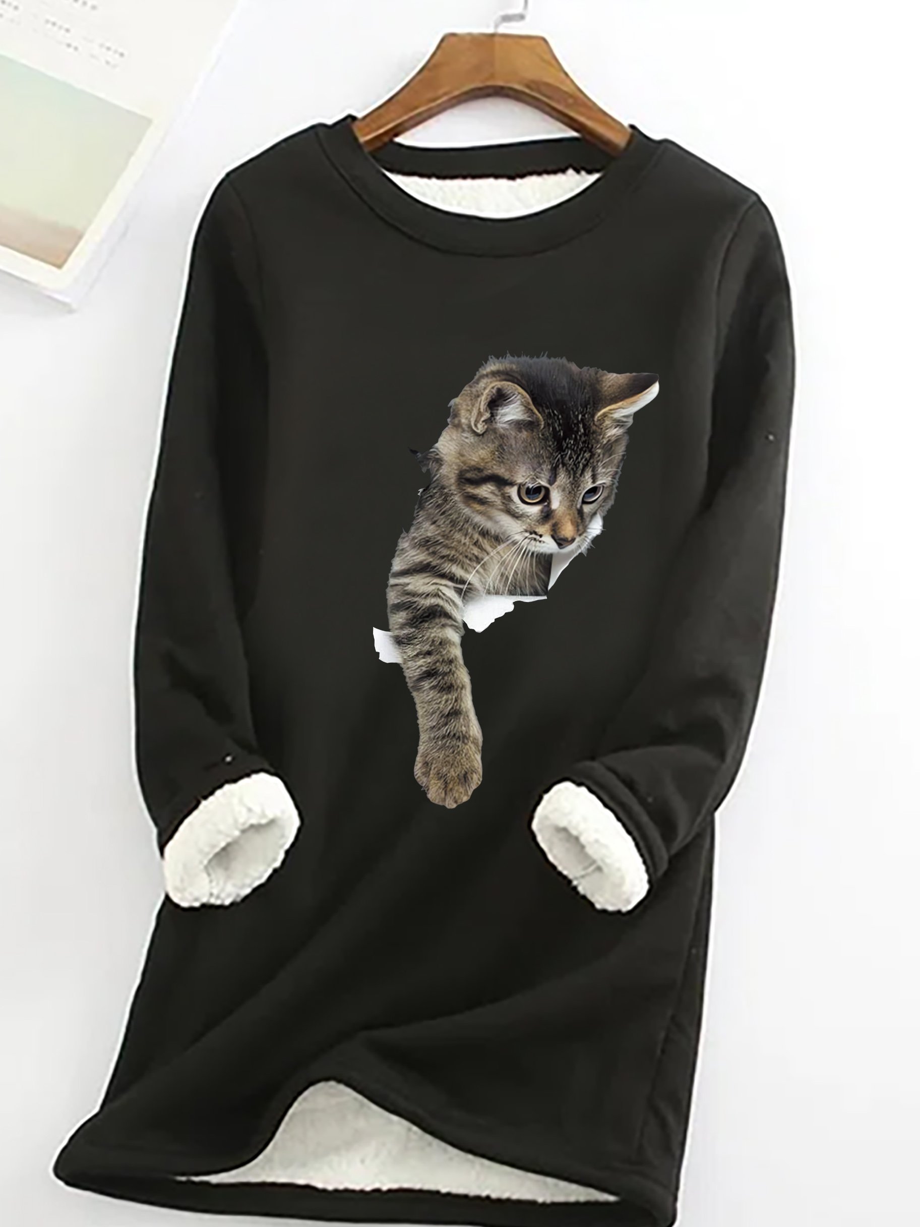 Women's Funny Simple Crew Neck Cat Warmth Fleece Sweatshirt