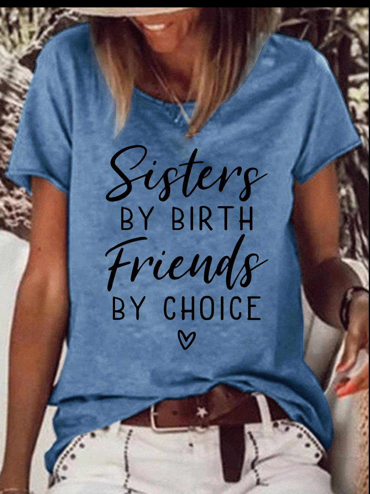 Women's Sisters By Birth Friends By Choic Crew Neck Casual Cotton-Blend T-Shirt