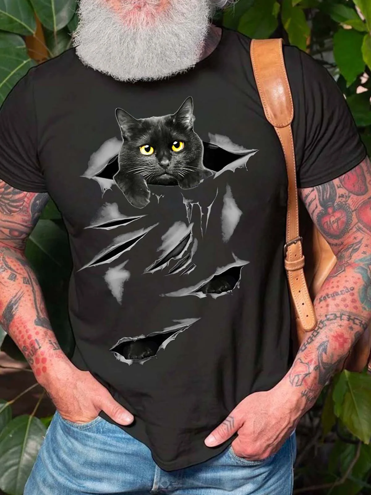 Men’s Black Cat Pattern Fit Casual Animal T-Shirt