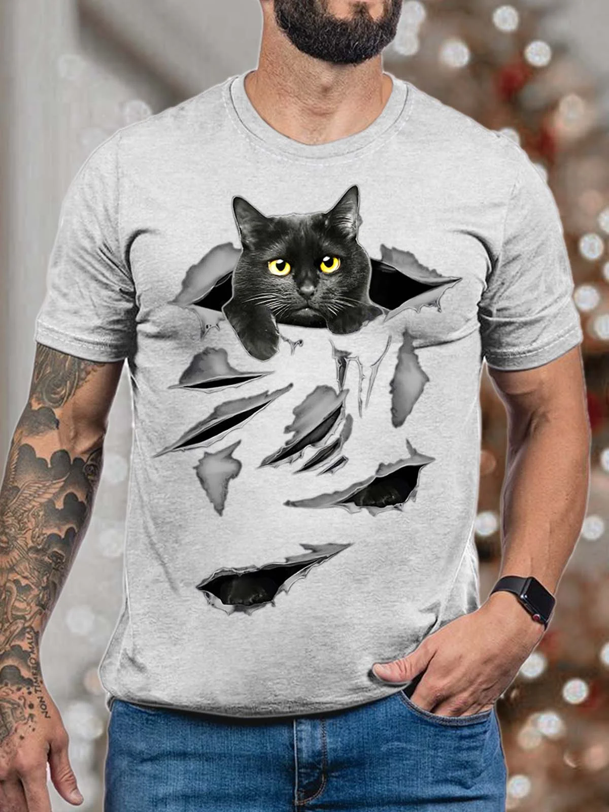 Men’s Black Cat Pattern Fit Casual Animal T-Shirt