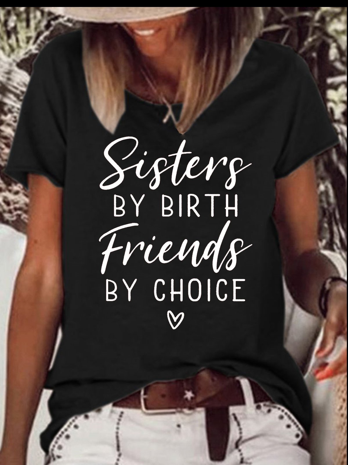 Women's Sisters By Birth Friends By Choic Crew Neck Casual Cotton-Blend T-Shirt