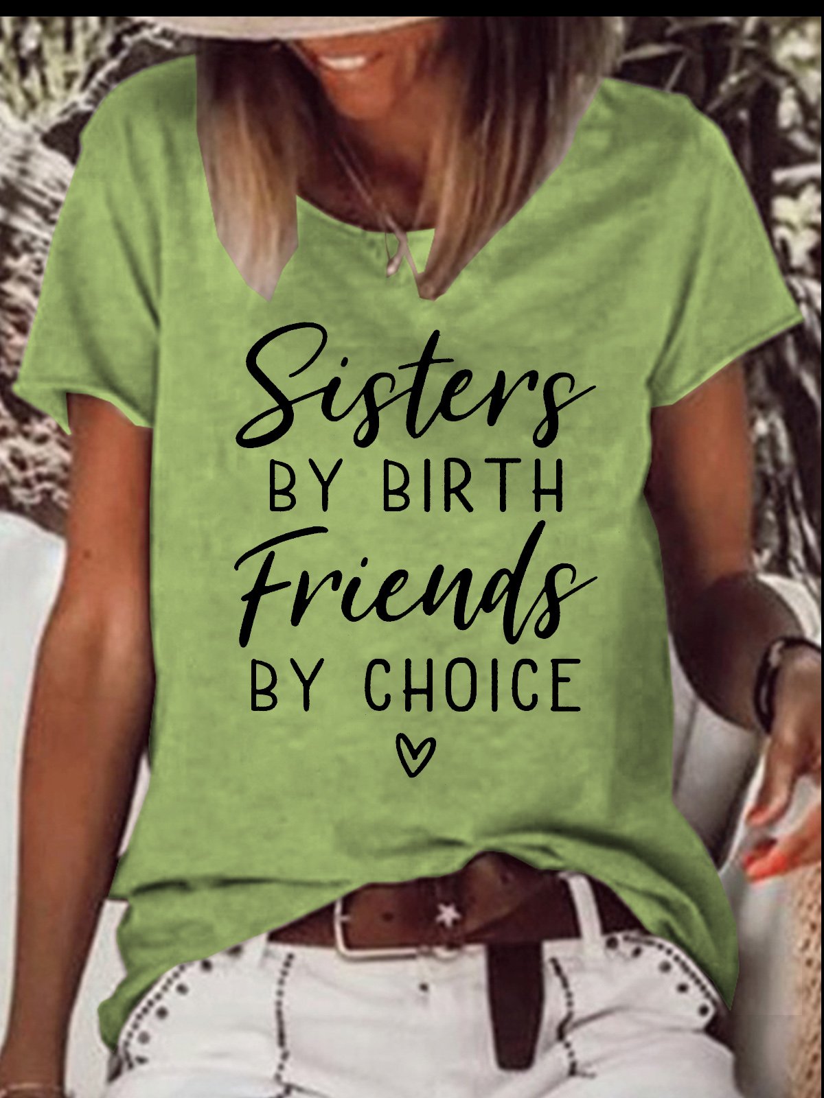 Women's Sisters By Birth Friends By Choic Crew Neck Casual Cotton-Blend T-Shirt