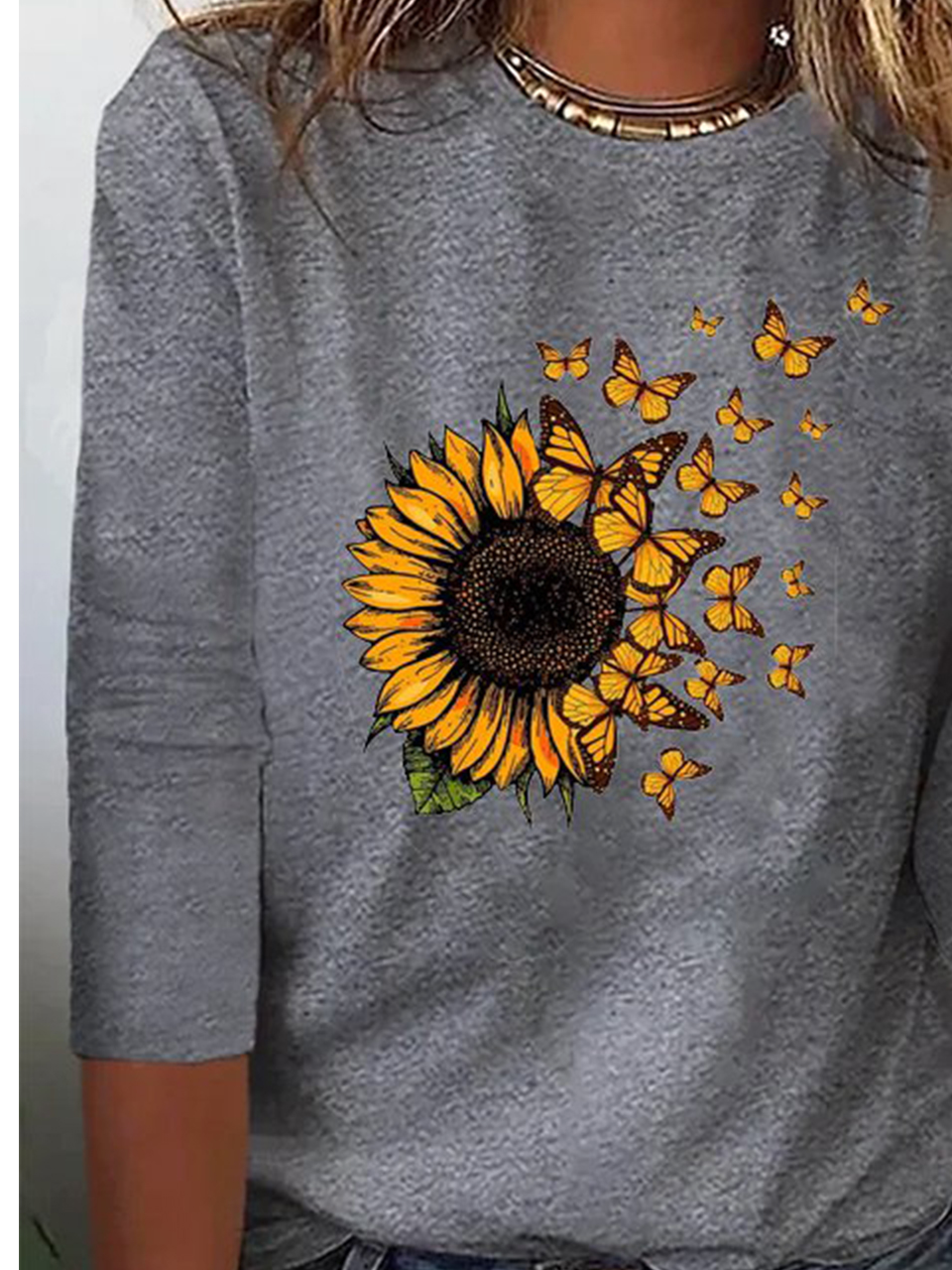 Plus Size Sunflower Long sleeve Crew Neck T-Shirt