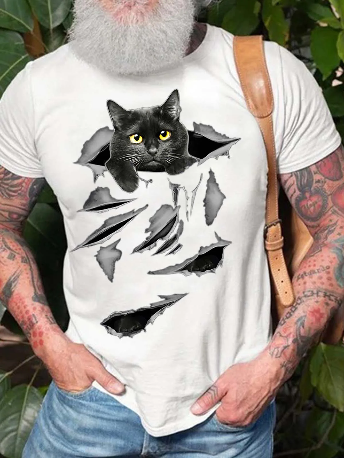 Men’s Black Cat Pattern Fit Casual Animal T-Shirt