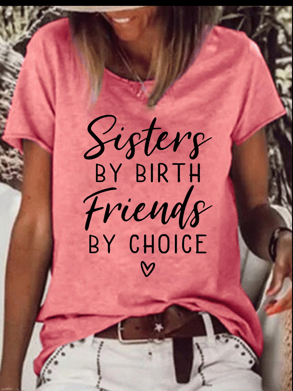 Women's Sisters By Birth Friends By Choic Crew Neck Casual Cotton-Blend T-Shirt