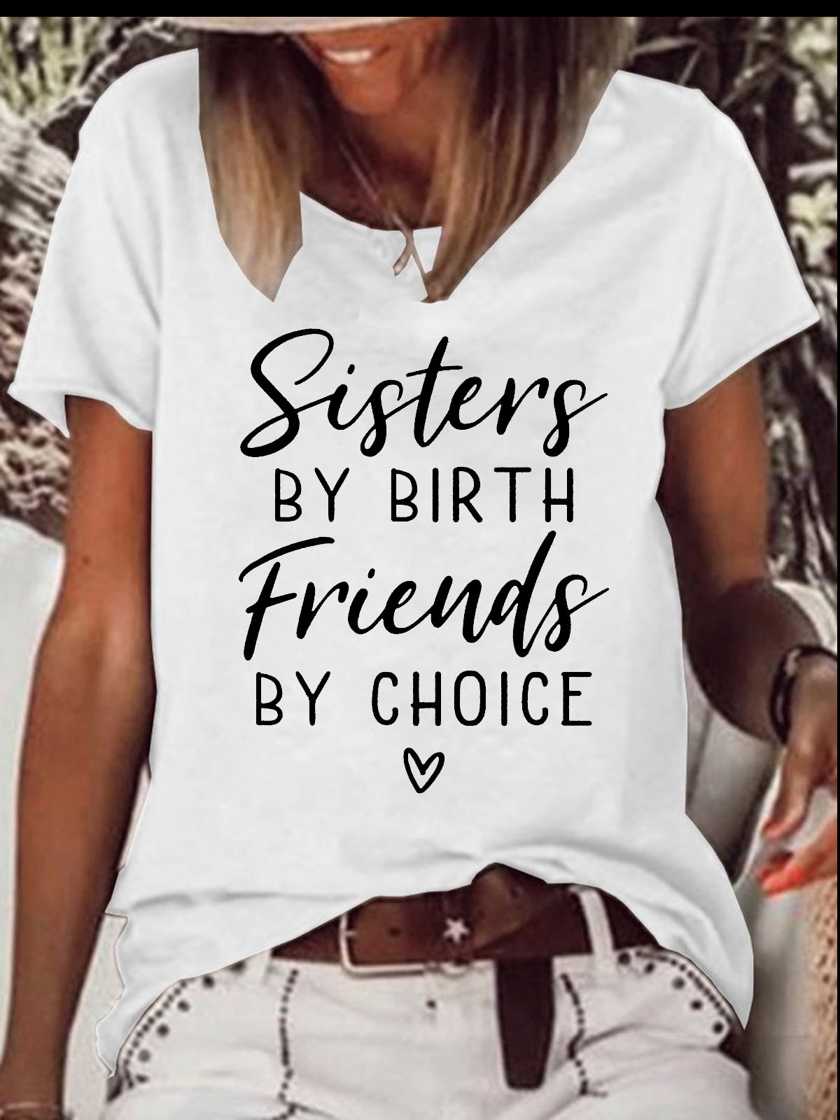 Women's Sisters By Birth Friends By Choic Crew Neck Casual Cotton-Blend T-Shirt