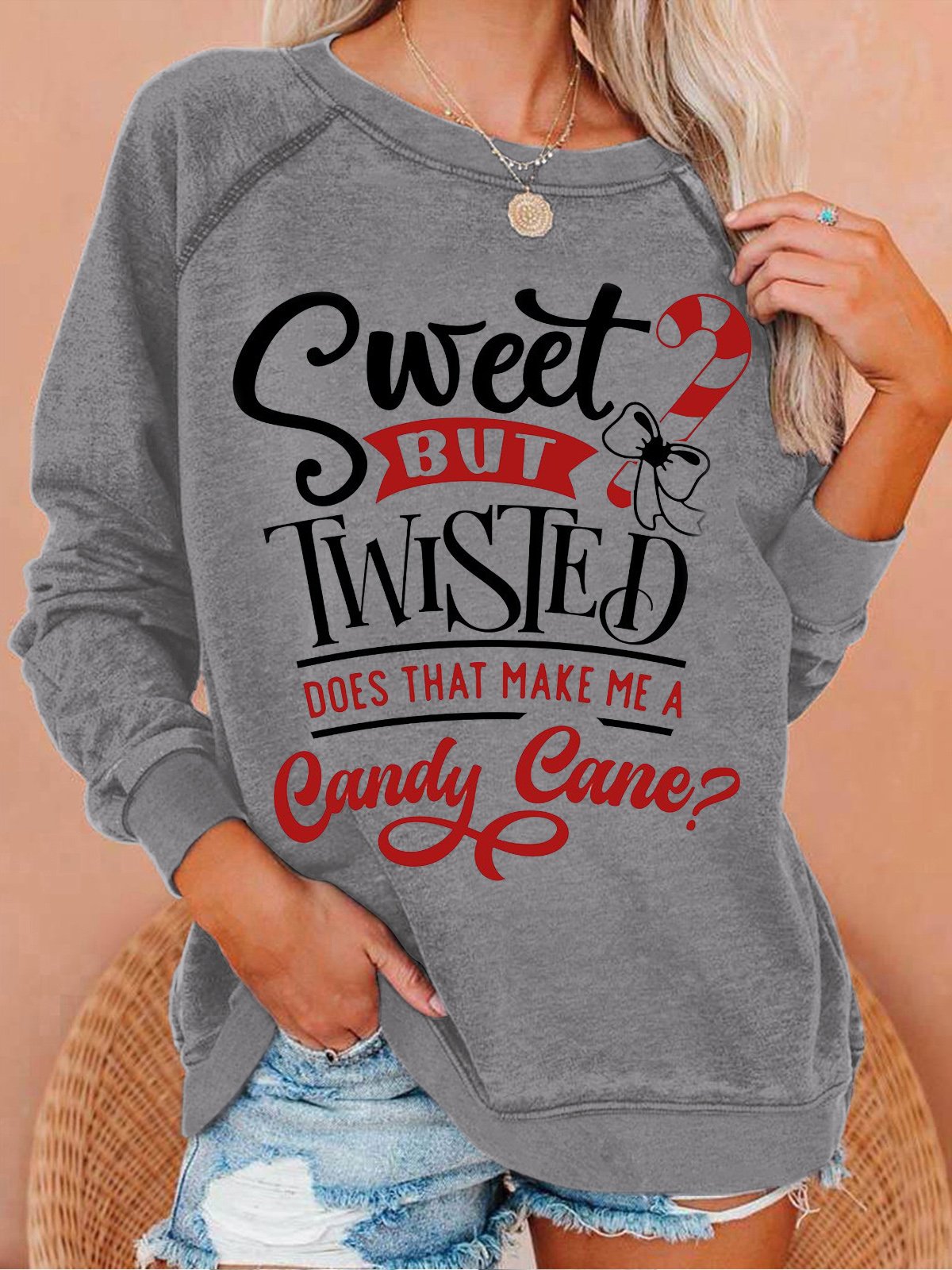 Women's Sweet but twisted does that make me a candy cane Letters Crew Neck Casual Sweatshirt