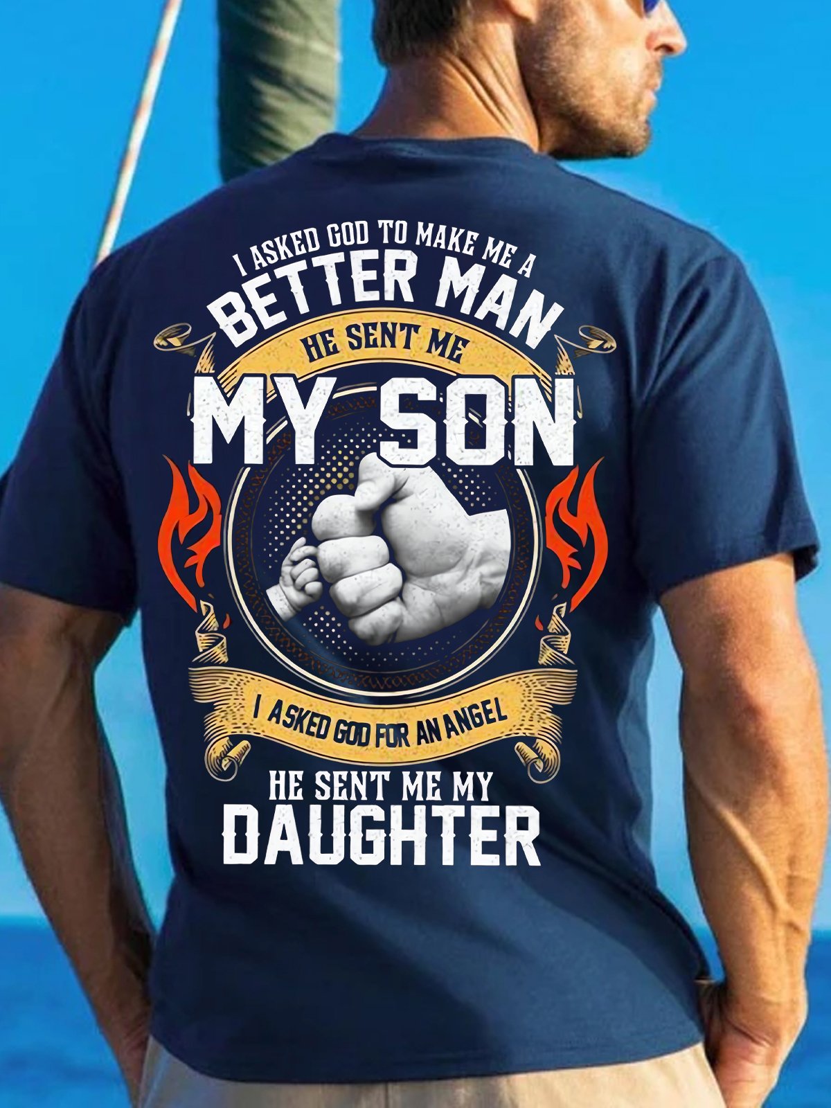 Men's I Asked God To Make Me A Batter Man He Sent Me My Son I Asked God For An Angel He Sentme My Daughter Funny Graphic Printing Cotton Text Letters Casual Crew Neck T-Shirt