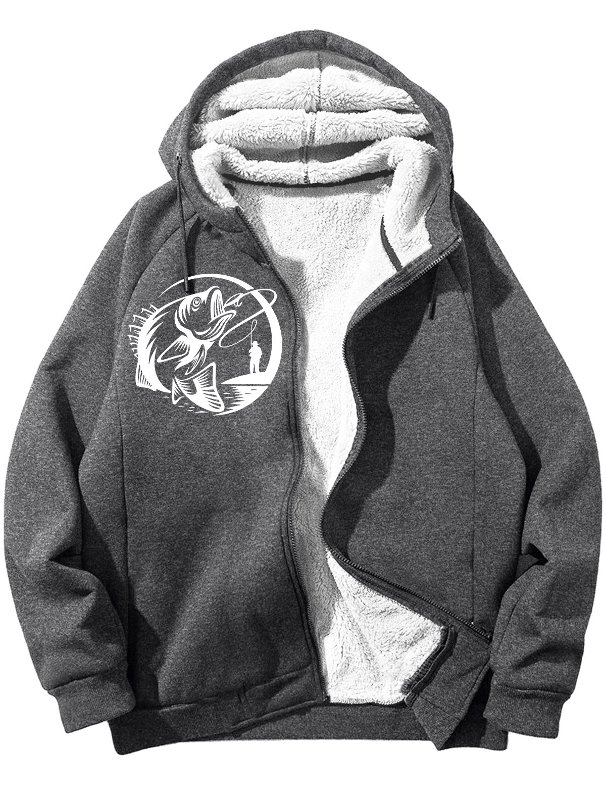 Men's Fishing Graphic Print Hoodie Zip Up Sweatshirt Warm Jacket With Fifties Fleece