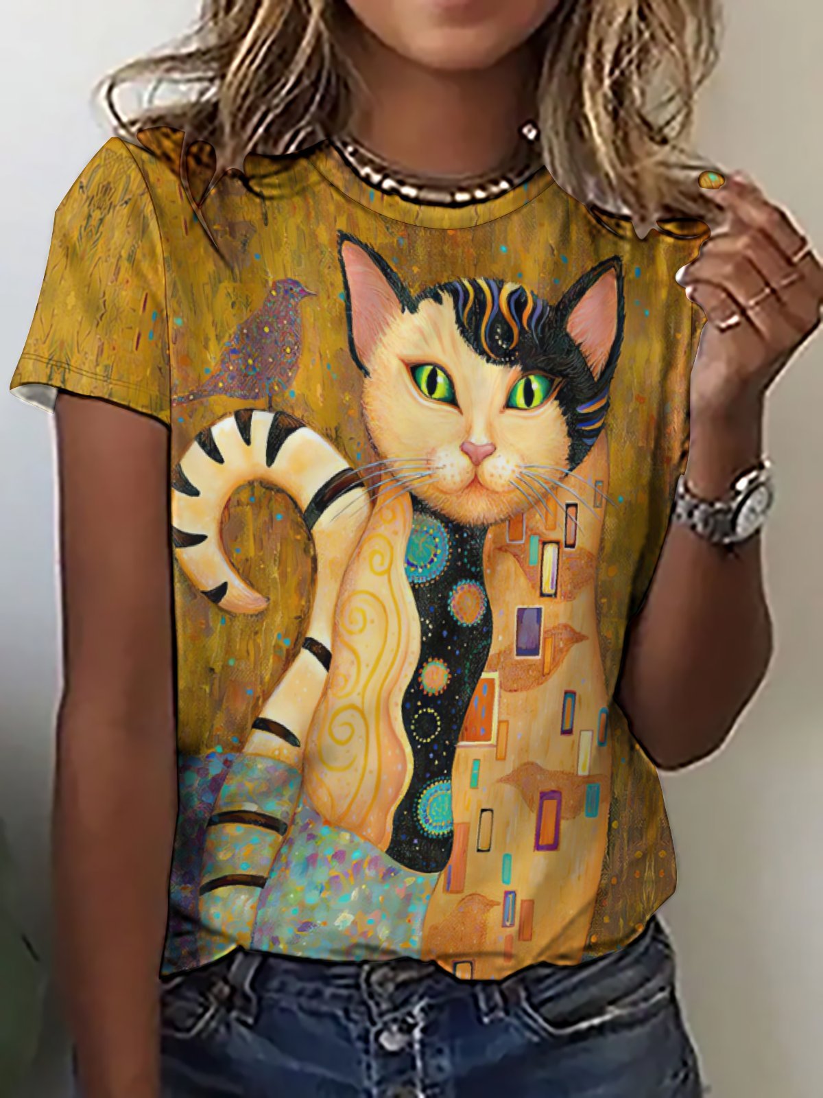 Women's Retro Funny Cat Crew Neck Loose Simple T-Shirt