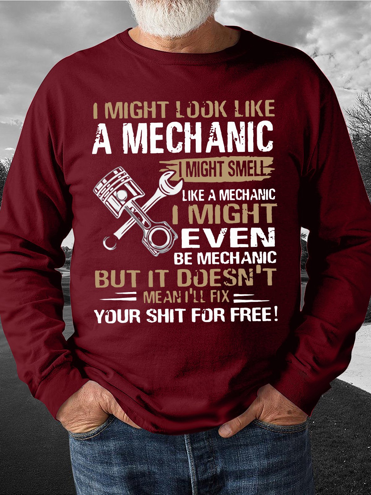 Men's i might look like a mechanic i might smell like a mechanic i'll fix your things for free Funny Graphic Printing Crew Neck Casual Cotton-Blend Text Letters Sweatshirt