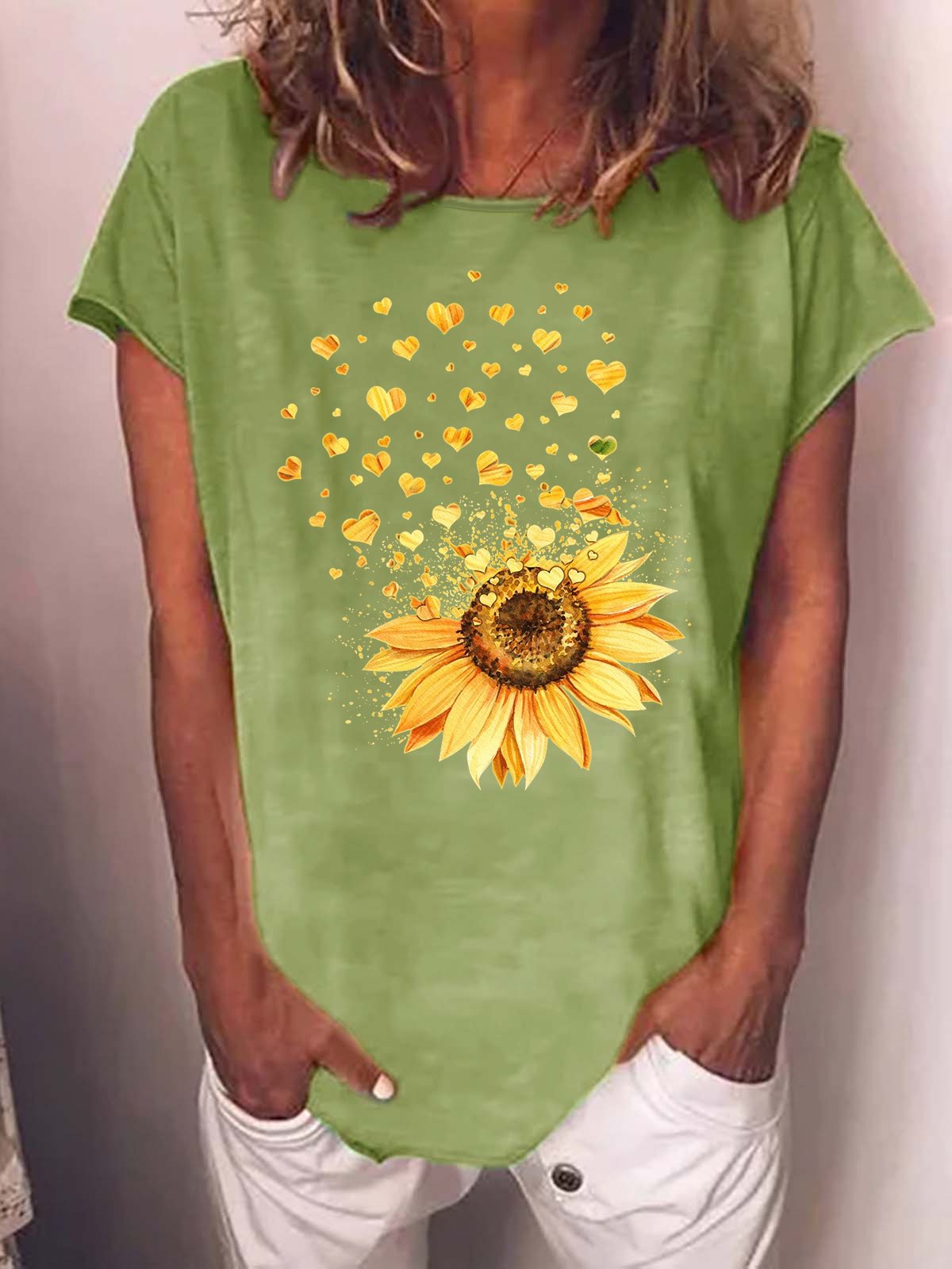 Women's Crew Neck Casual Sunflower Heart T-Shirt