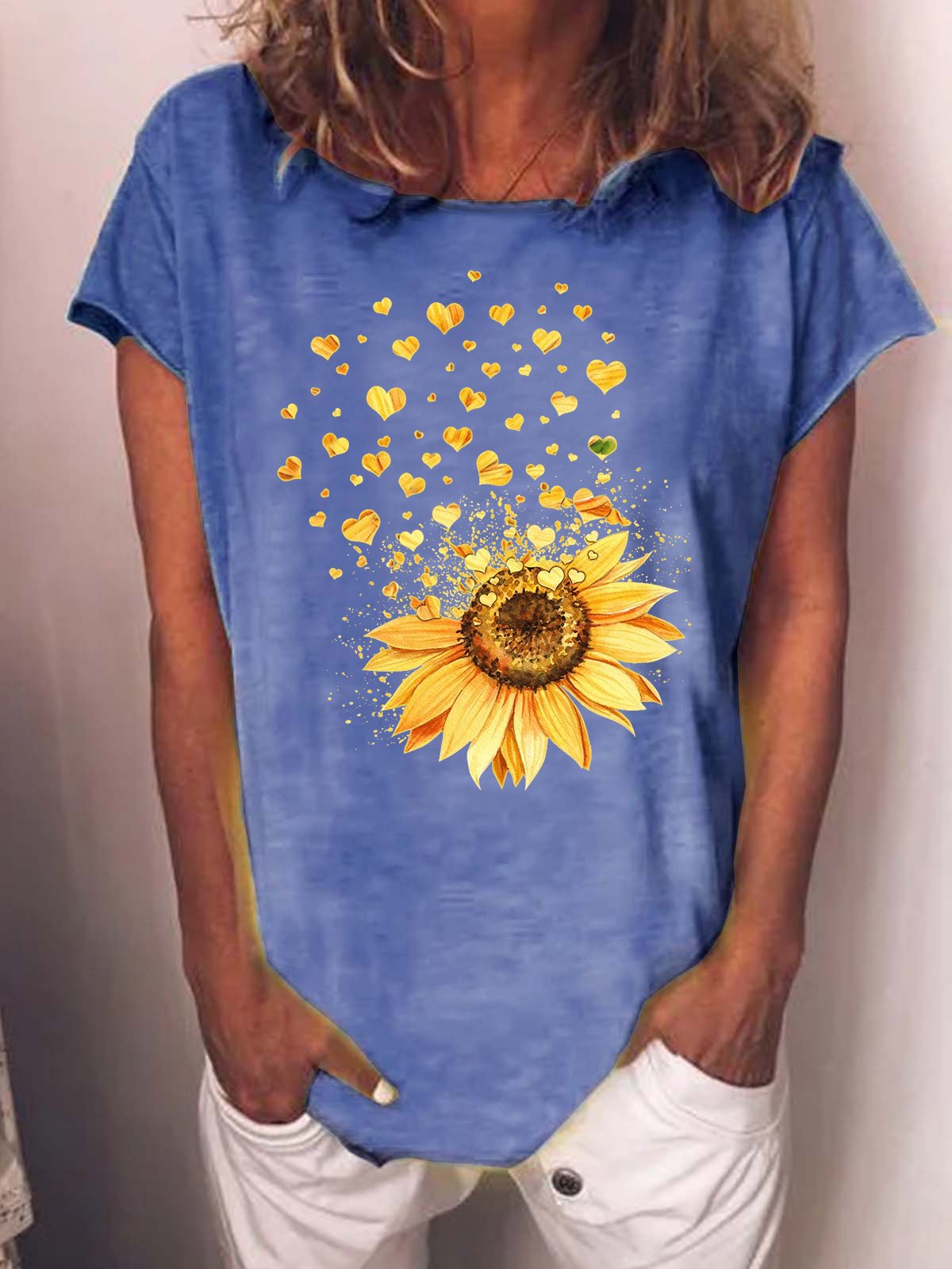 Women's Crew Neck Casual Sunflower Heart T-Shirt