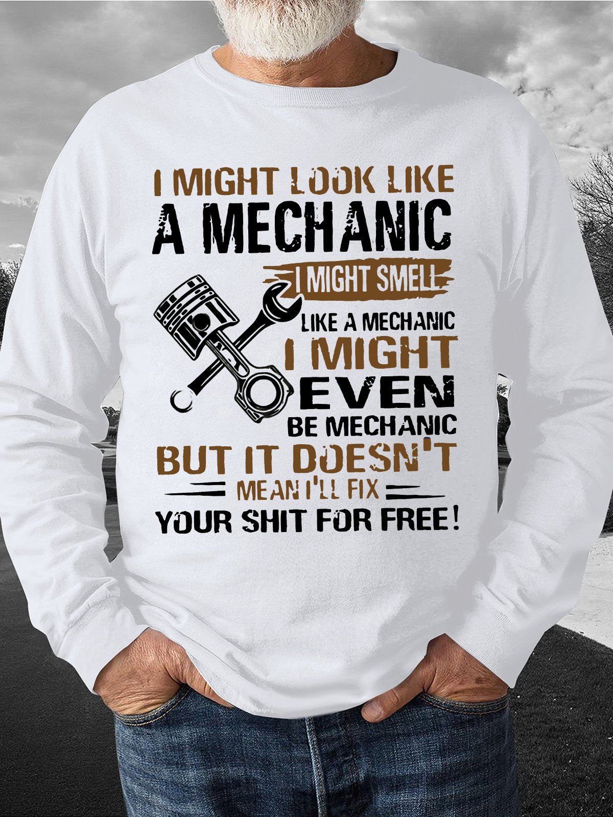 Men's i might look like a mechanic i might smell like a mechanic i'll fix your things for free Funny Graphic Printing Crew Neck Casual Cotton-Blend Text Letters Sweatshirt