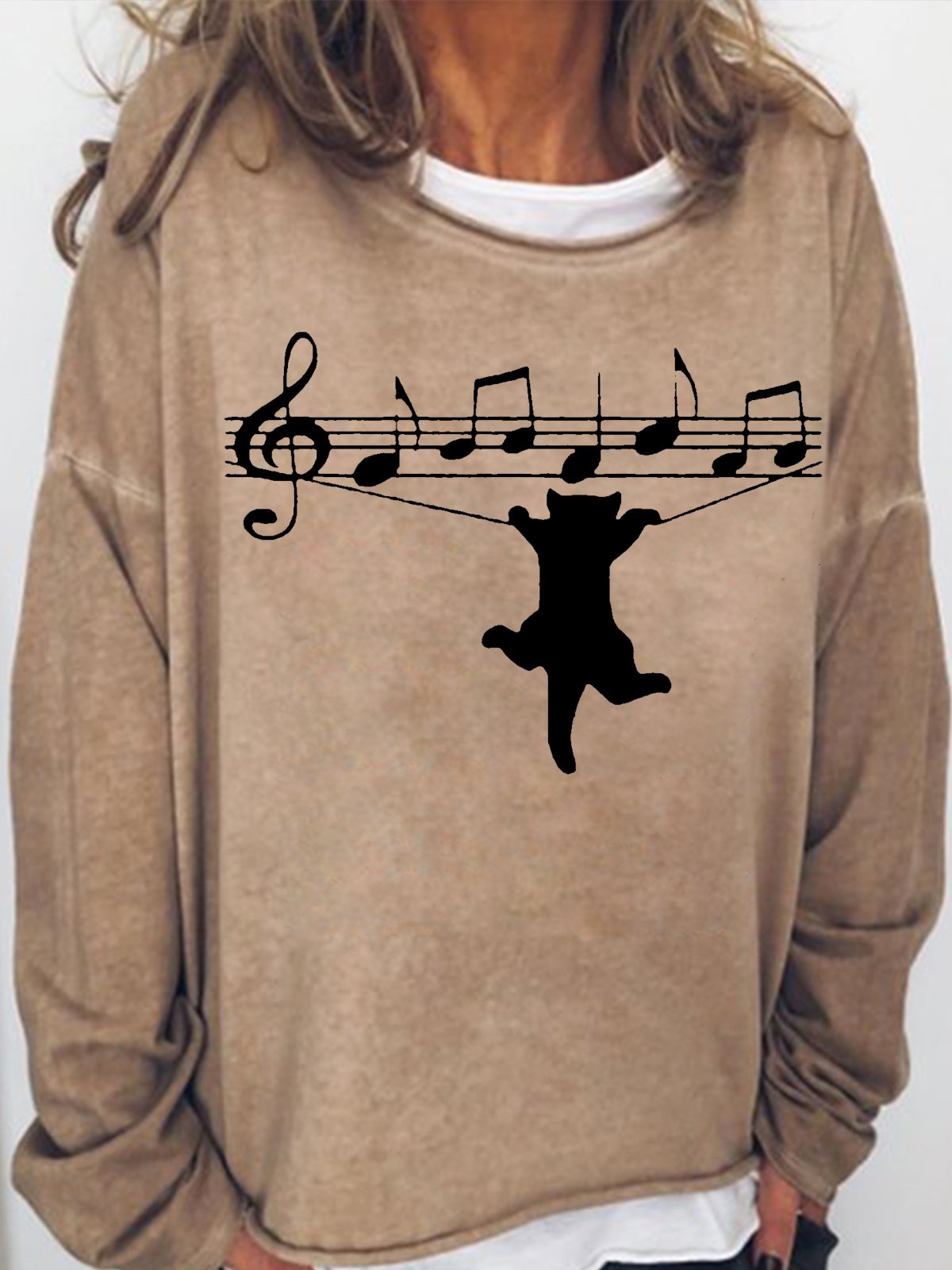 Women's Funny Cat Letters Casual Crew Neck Sweatshirt