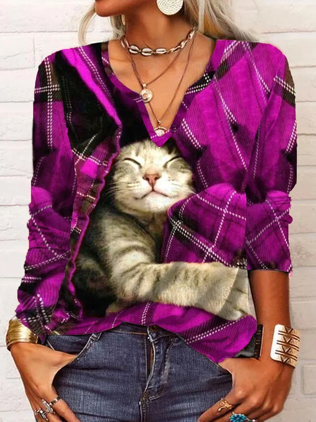 Casual Christmas Plaid Cat Long sleeve V Neck T-Shirt