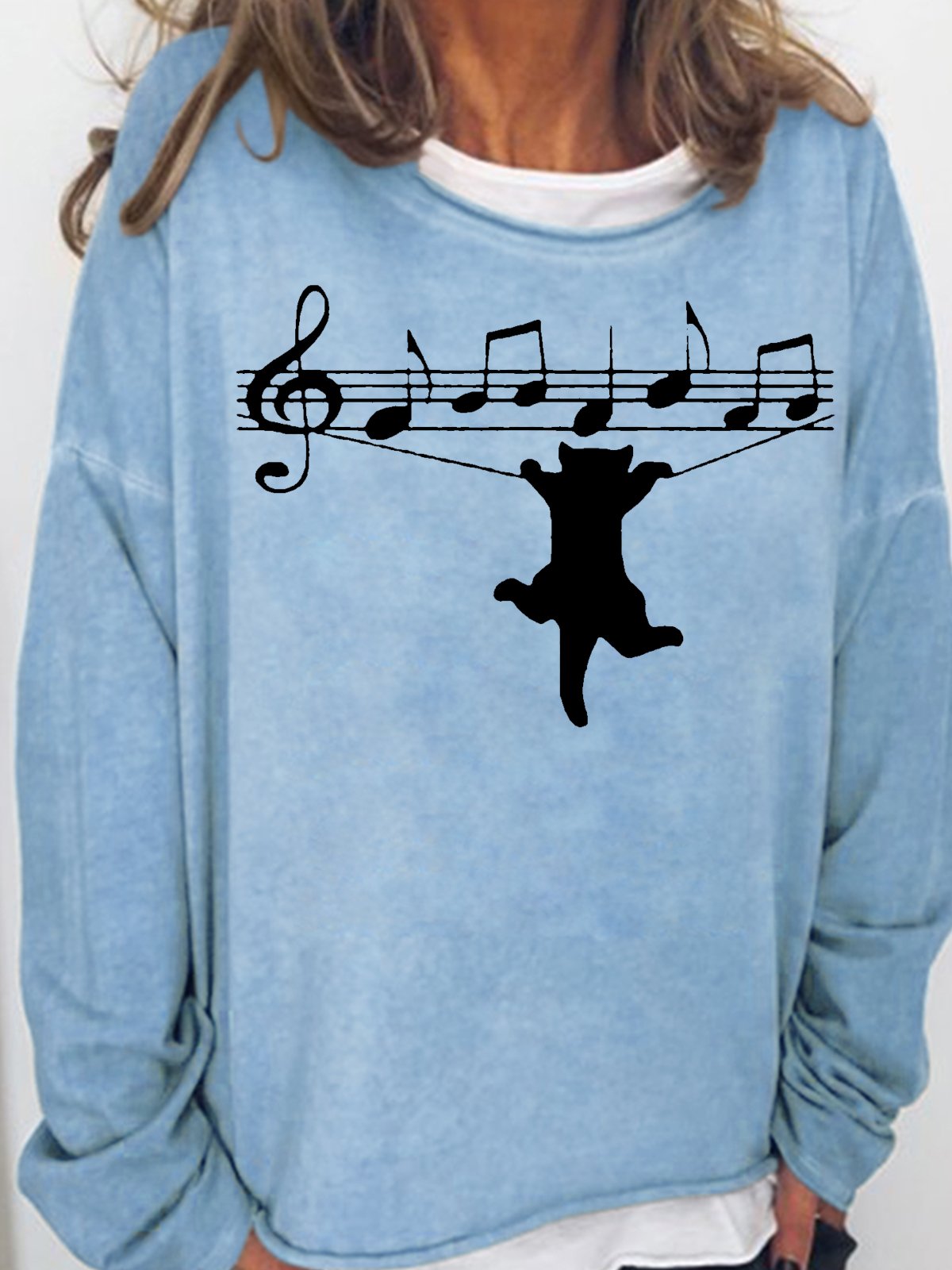 Women's Funny Cat Letters Casual Crew Neck Sweatshirt