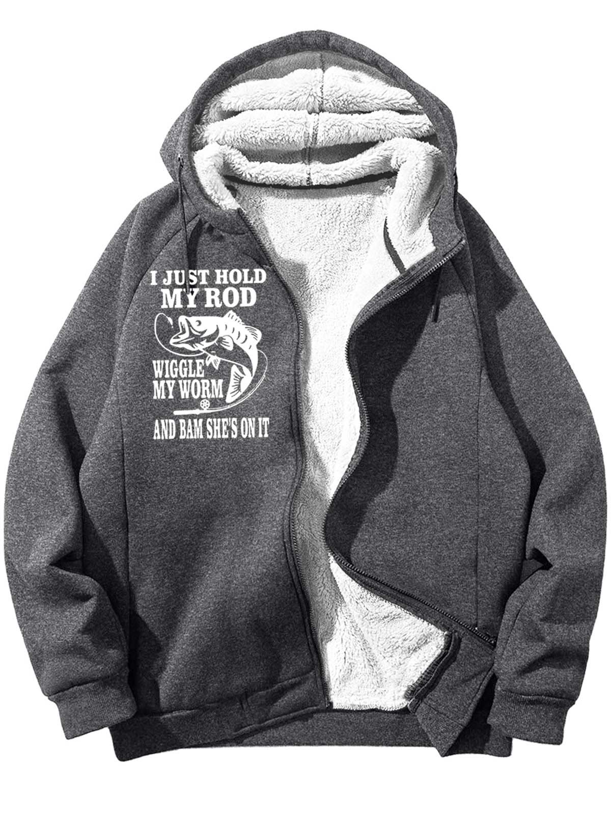 Men’s I Just Hold My Rod Wiggle My Worm And Bam She’s On It Casual Hoodie Loose Text Letters Sweatshirt