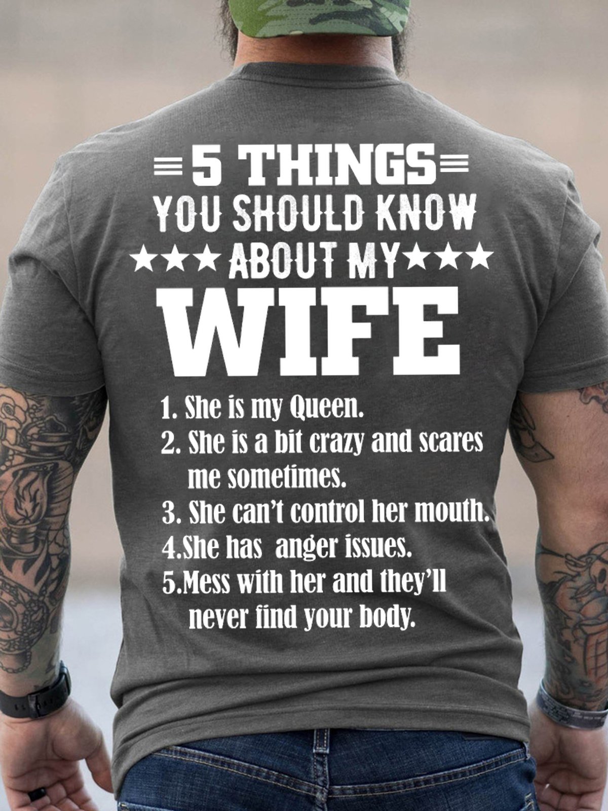 Men's 5 Things You Should Know About My Wife Funny Graphic Print Cotton Crew Neck Text Letters Casual T-Shirt