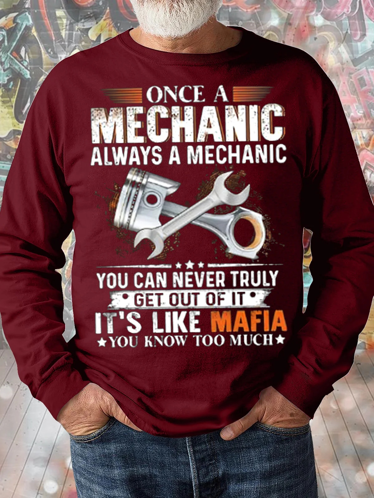 Men's Once A Mechanic Always A Mechanic Youcan Never Truly Get Out Of It Funny Fix Graphic Print Crew Neck Text Letters Loose Casual Sweatshirt