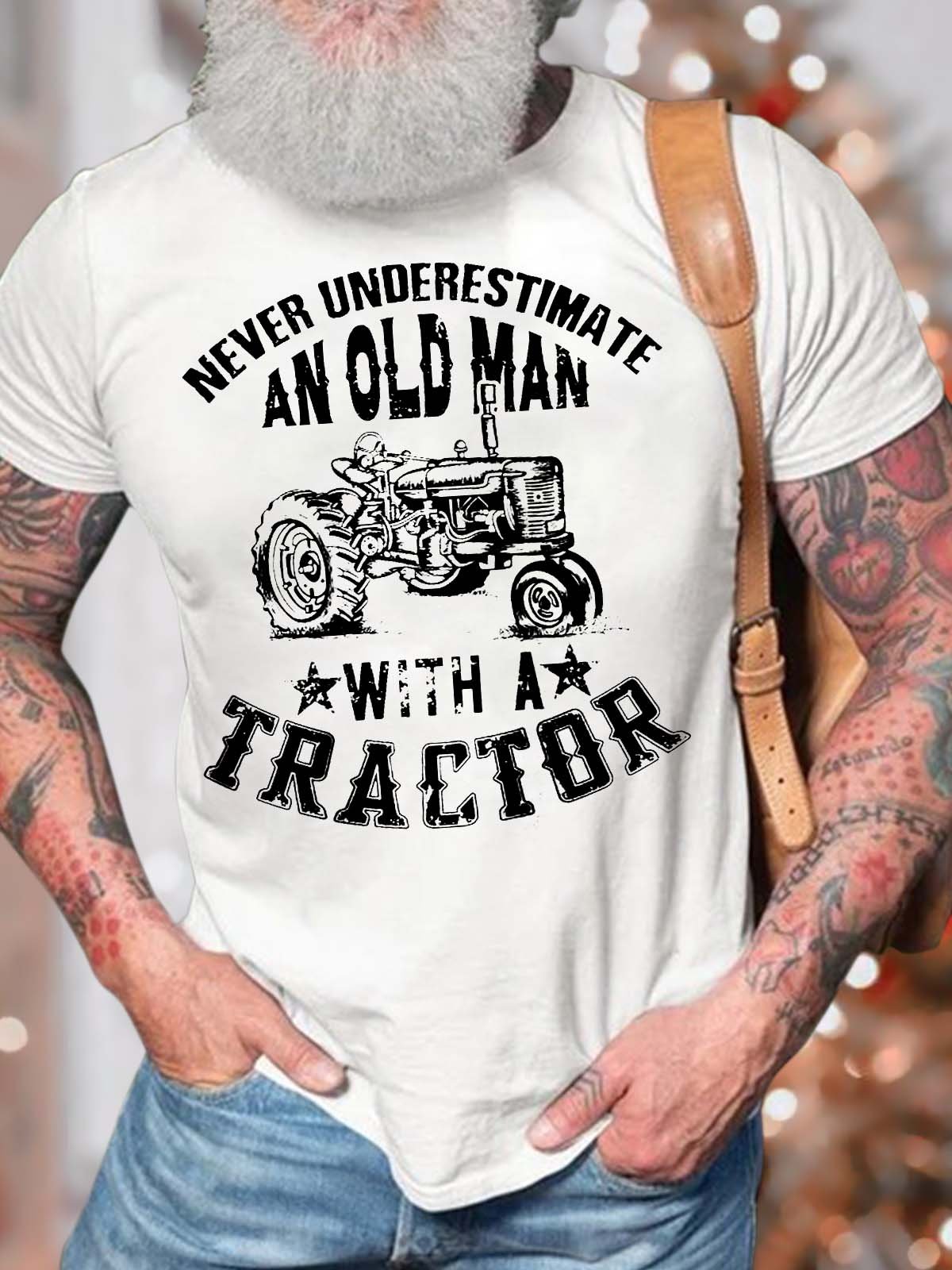 Men’s Never Underestimate An Old Man With A Tractor Fit Cotton Casual Crew Neck T-Shirt