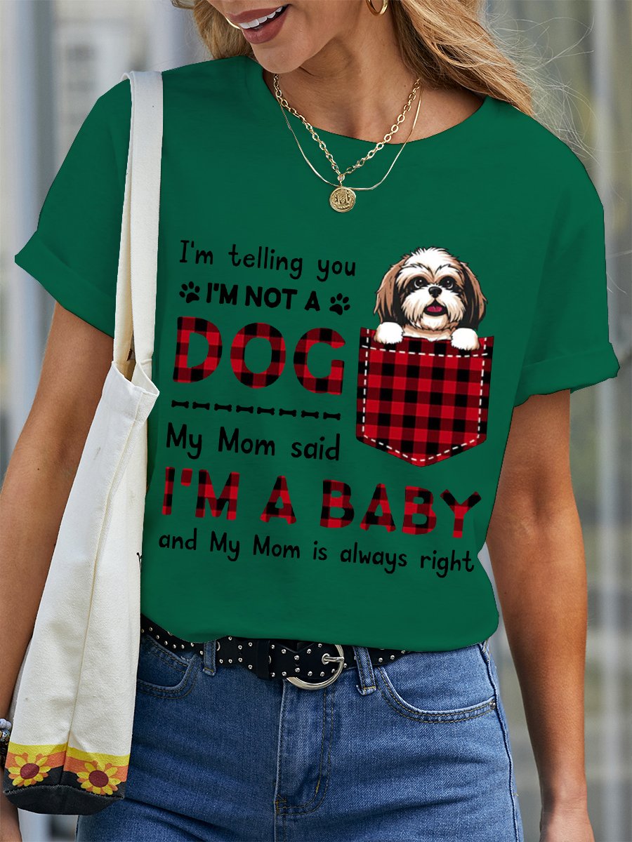 Women's Lover I'm A Baby Best Dog Mom Crew Neck Simple Loose Plaid T-Shirt