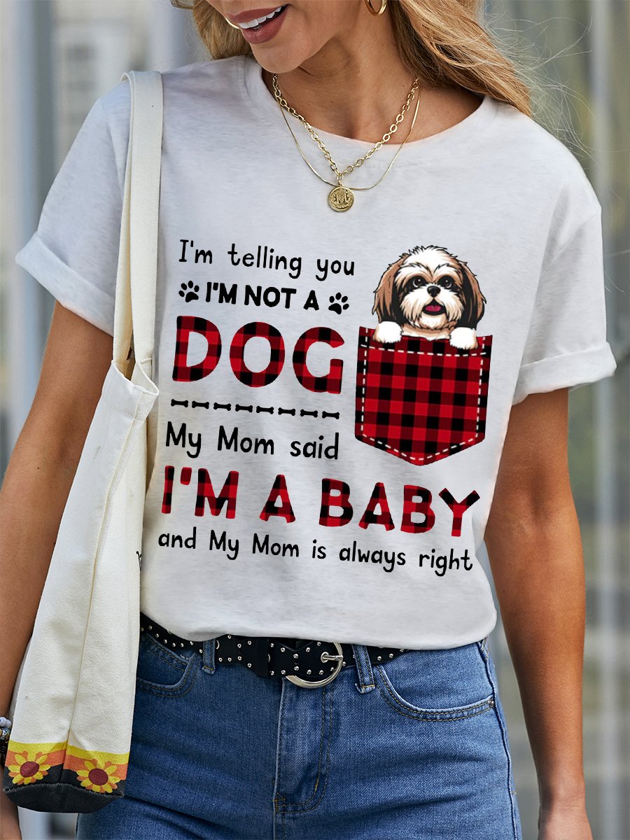 Women's Lover I'm A Baby Best Dog Mom Crew Neck Simple Loose Plaid T-Shirt