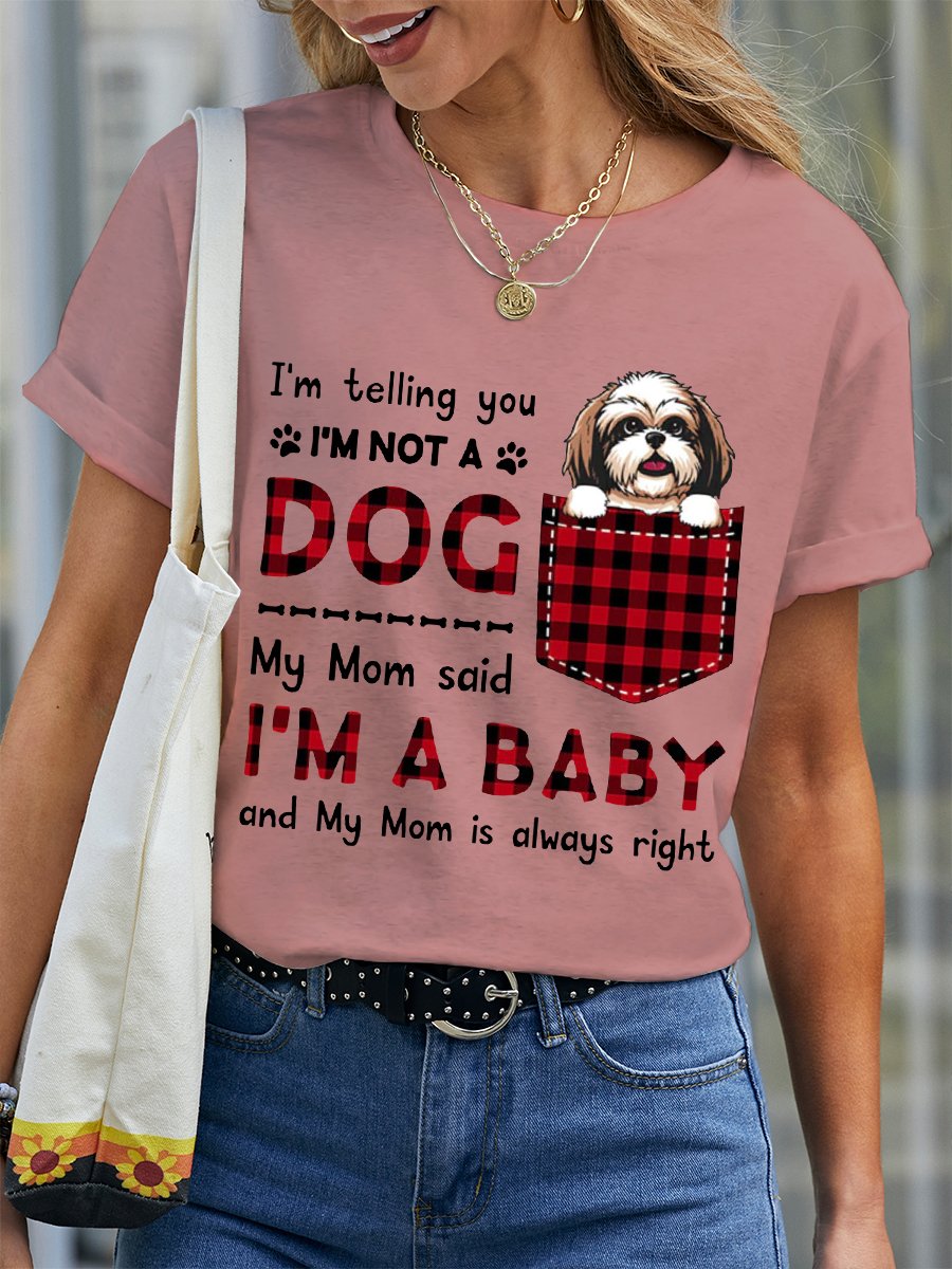 Women's Lover I'm A Baby Best Dog Mom Crew Neck Simple Loose Plaid T-Shirt