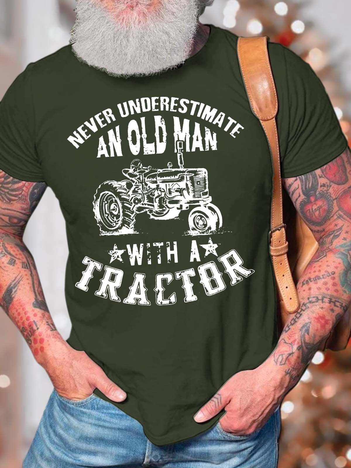 Men’s Never Underestimate An Old Man With A Tractor Fit Cotton Casual Crew Neck T-Shirt