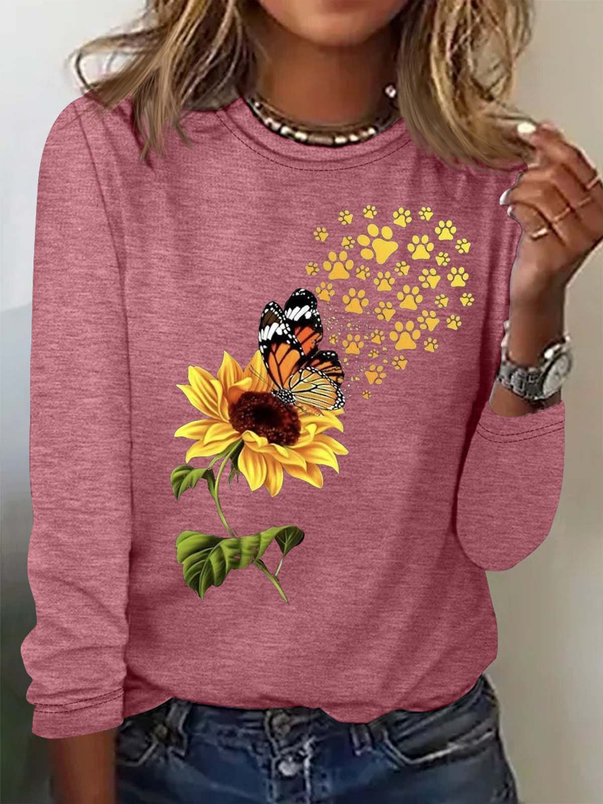 Women's Sunflowers Butterfly Paw Print Casual Crew Neck Top